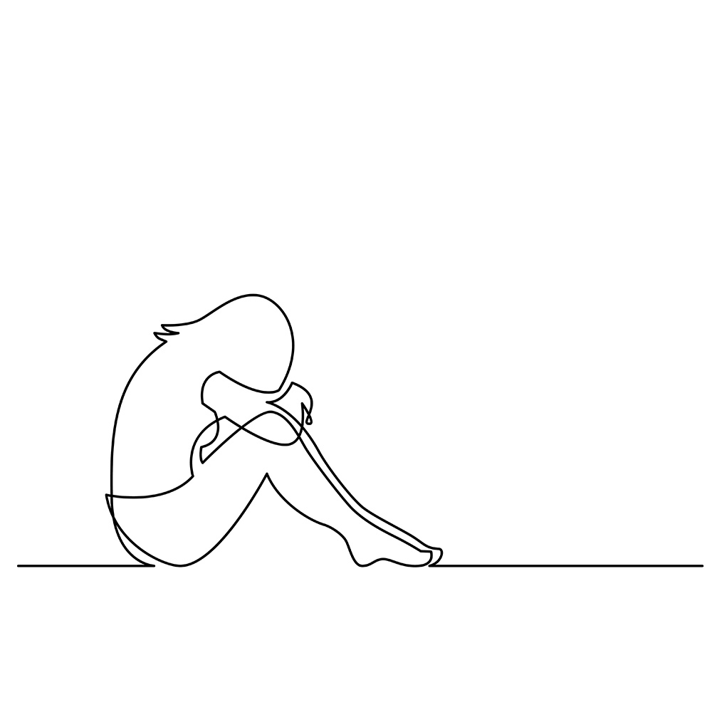Drawing of a depressed woman hiding her head in need of a depression therapist.