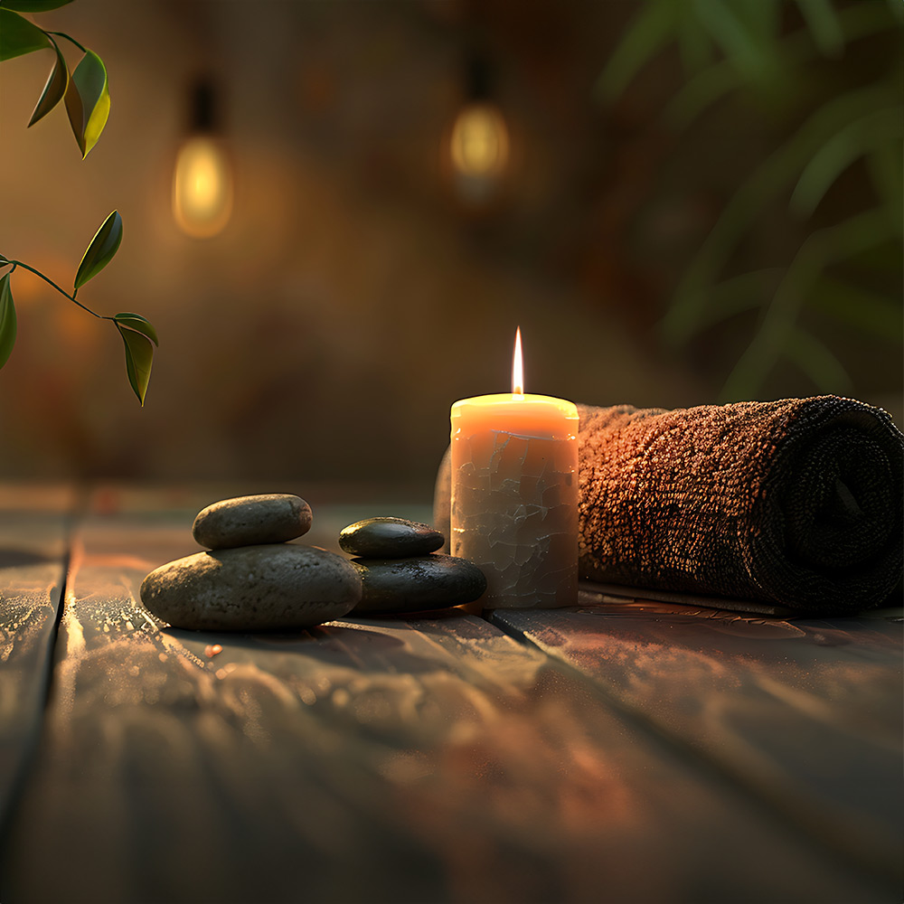 A candle with balance rocks representing the hope and peach stress management therapy brings.
